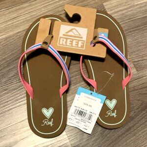 New! REEF Devy FLIP FLOPS Girl's Size 1 PINK & TEAL STRIPED Tan Slippahs Sandals